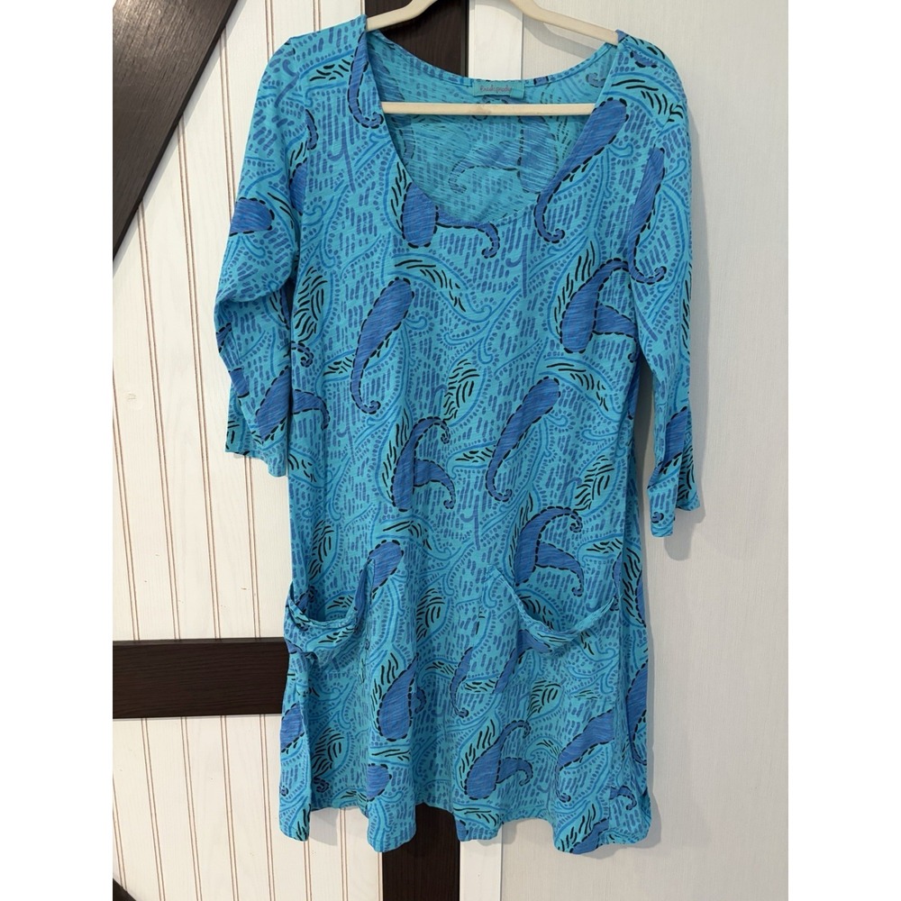 Fresh Produce Womens Large Paisley Mini Dress A Line Pockets Blue Boho USA Made